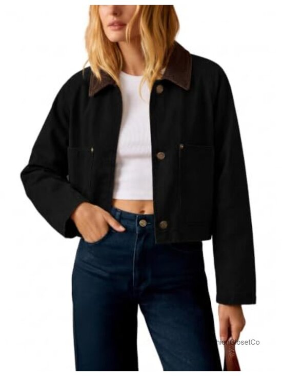 Jackets & Blazers - Cropped Barn Jacket Corduroy Collar Button Down Long Sleeve Short Coat Pockets
